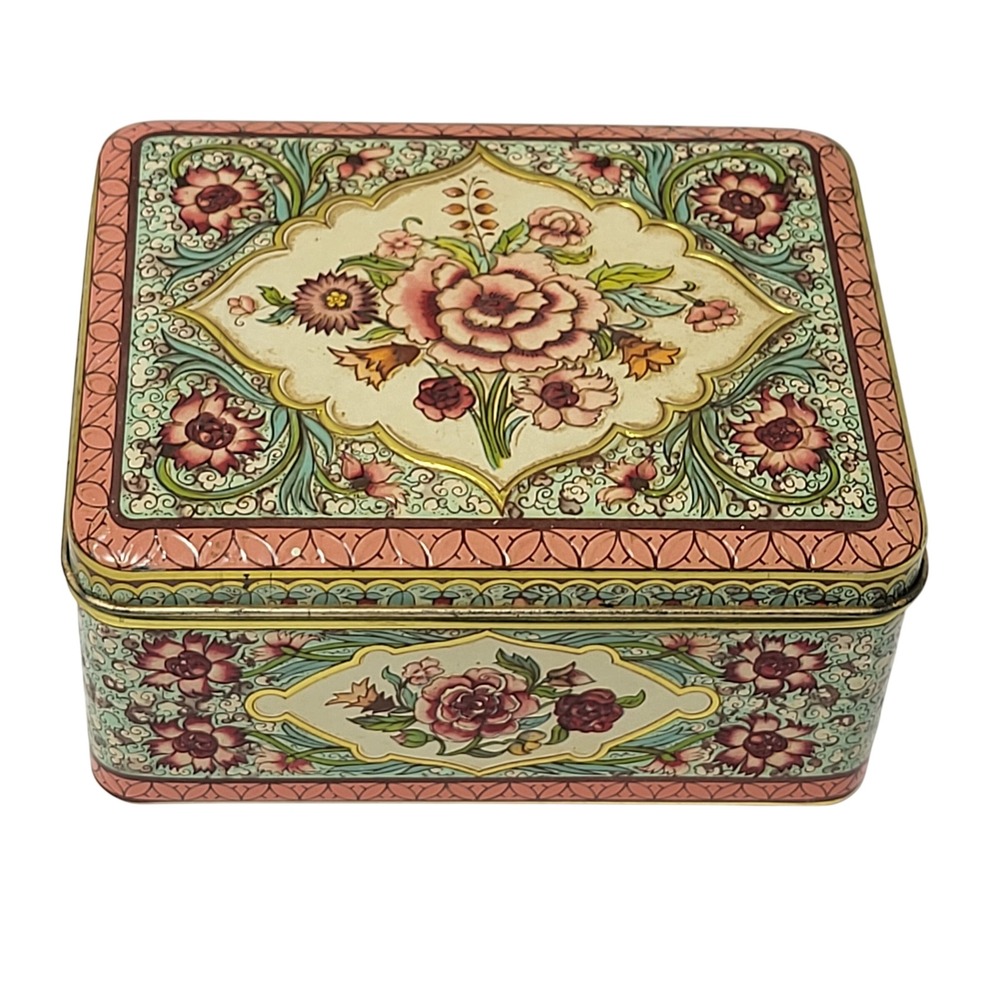 Vintage Floral Metal Tin Made in Holland Hinged Lid Rectangular Storage Box 60s*